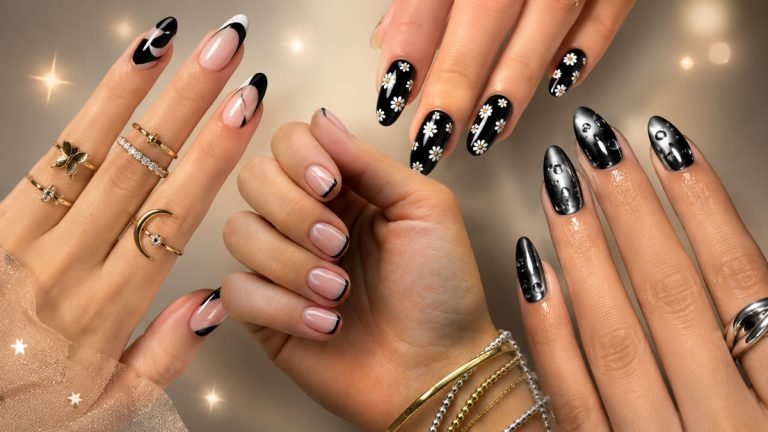 23 Black Nail Designs for 2026 featuring chrome, French tips, black and gold, aura, ombre, and minimalist manicure ideas for every style