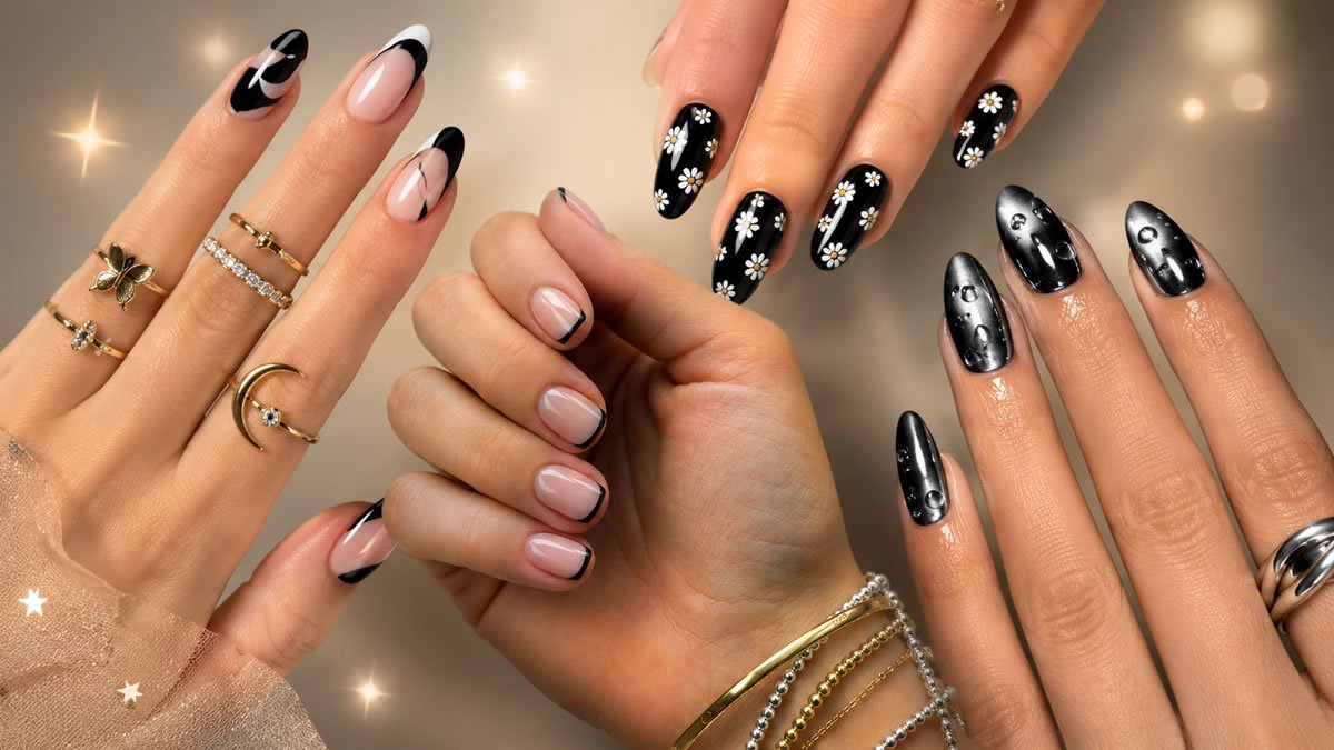 23 Black Nail Designs for 2026 featuring chrome, French tips, black and gold, aura, ombre, and minimalist manicure ideas for every style