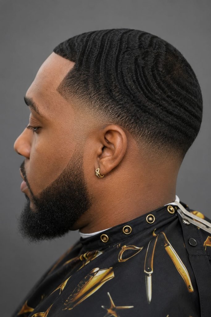 360 waves with a low temple fade hairstyle for men featuring deep wave patterns