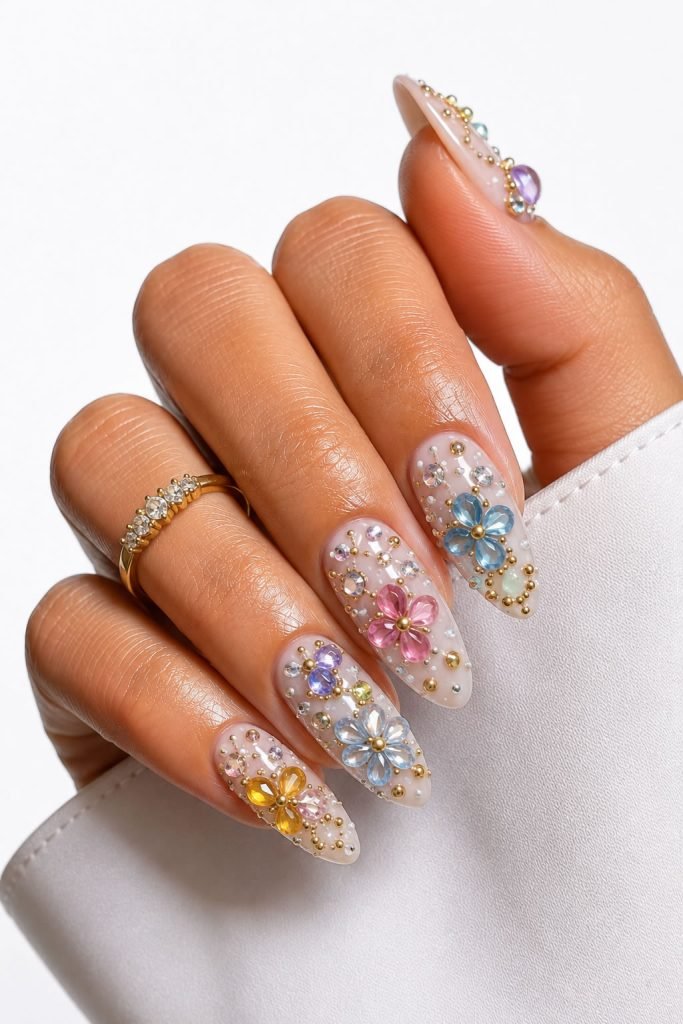 3D gemstone almond nail designs with colorful floral gems on milky almond nails