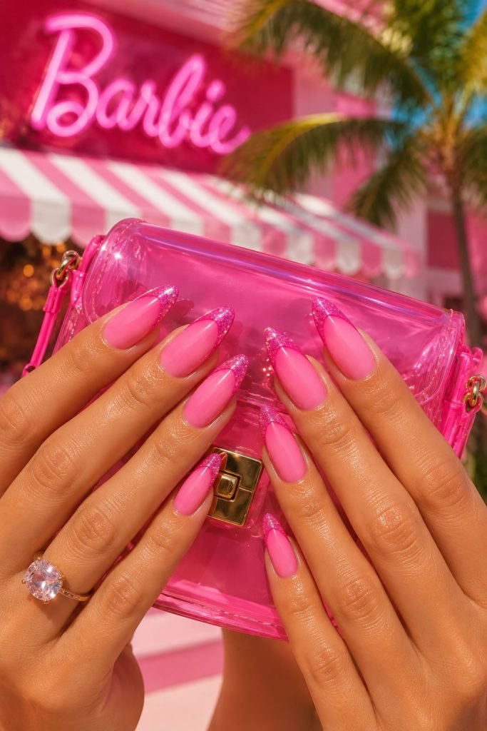Barbie Pink Glitter Nails