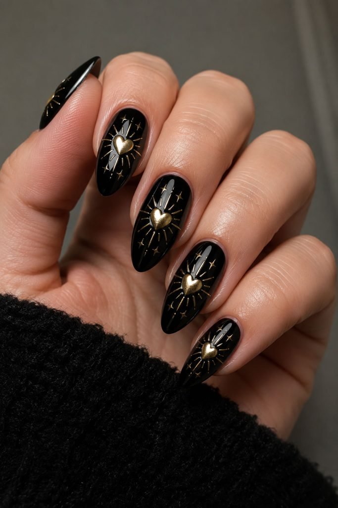 Black heart nail designs with metallic gold accents creating a romantic luxury manicure