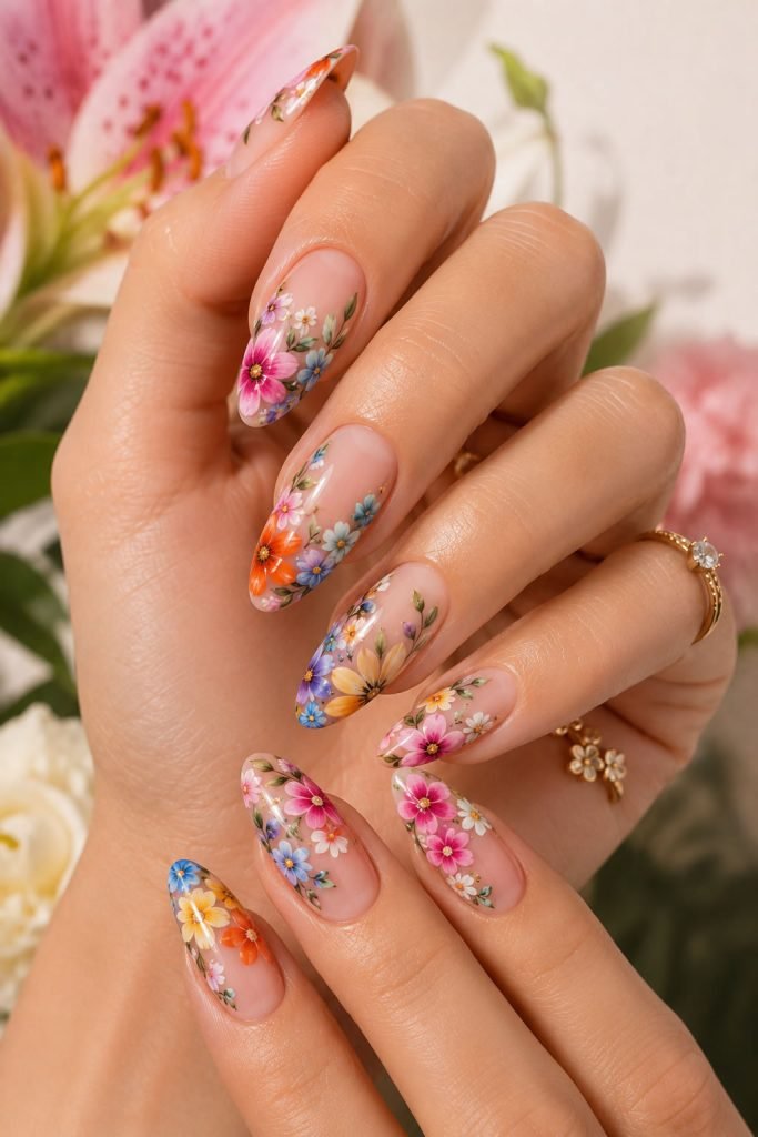 Bright floral almond nail art with colorful flowers on glossy nails