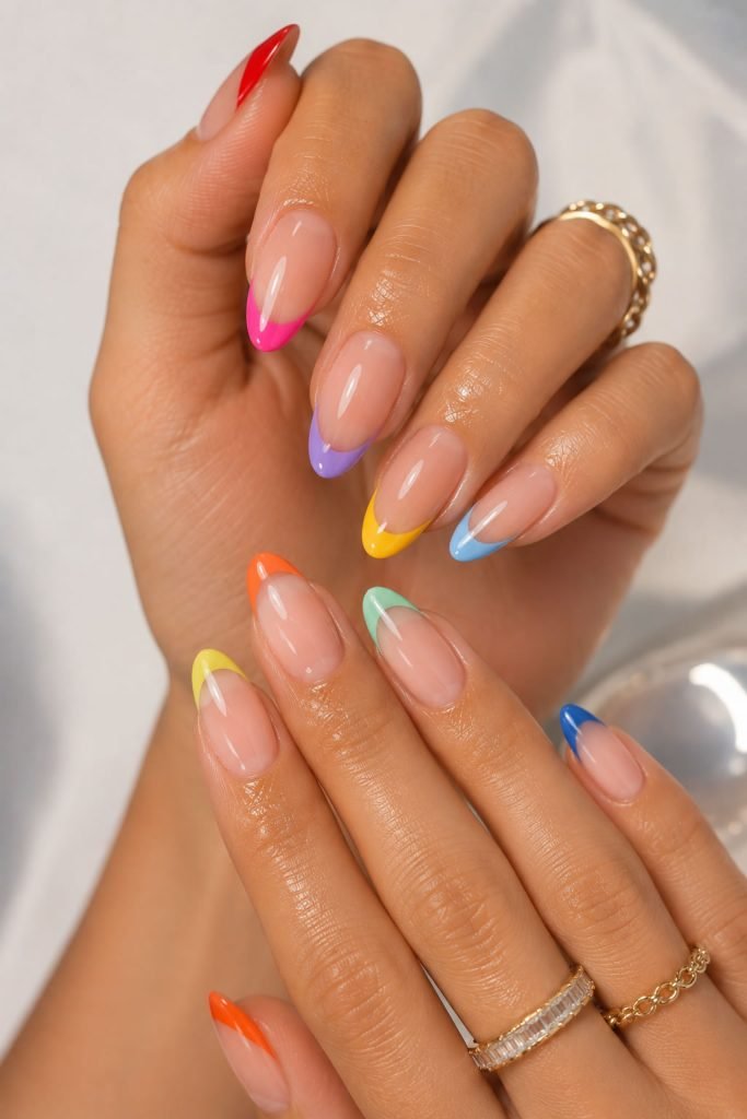 Bright mismatched almond French manicure with colorful rainbow French tips