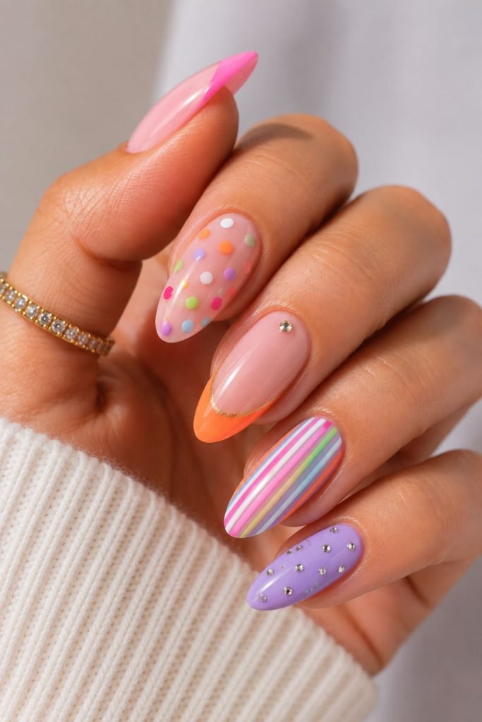 Bright mismatched almond nail art ideas featuring stripes, dots, rhinestones, and French tips