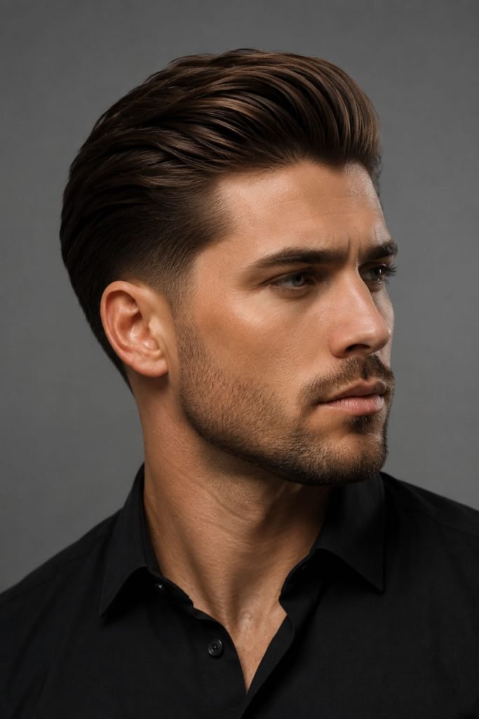 Brushed-back low taper fade hairstyle for men with a polished everyday look