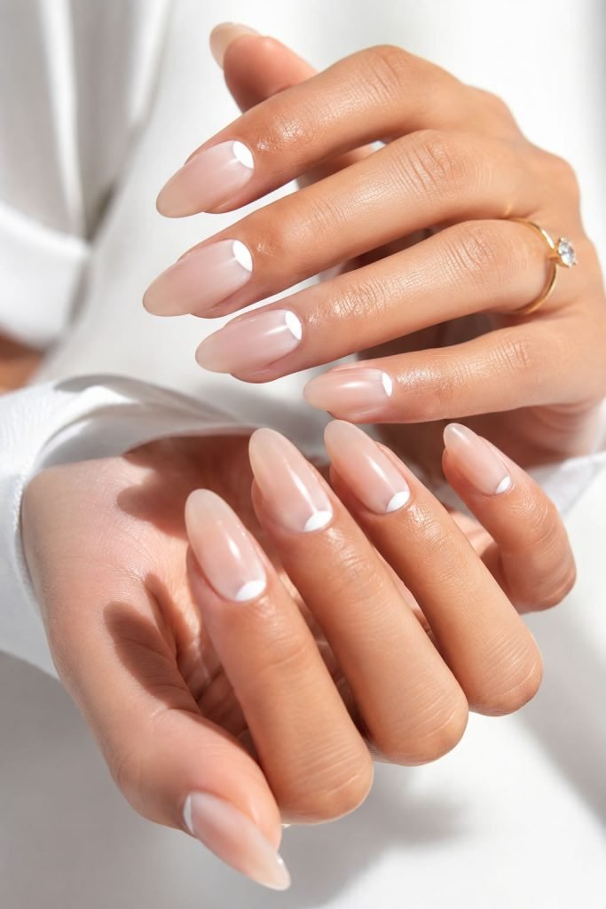 Clean girl almond manicure with sheer nude polish and minimalist white details