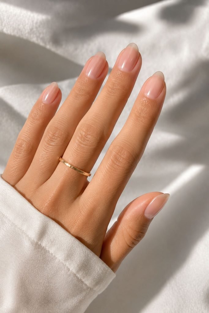 Clear summer nails with glossy natural nail color for a minimal manicure