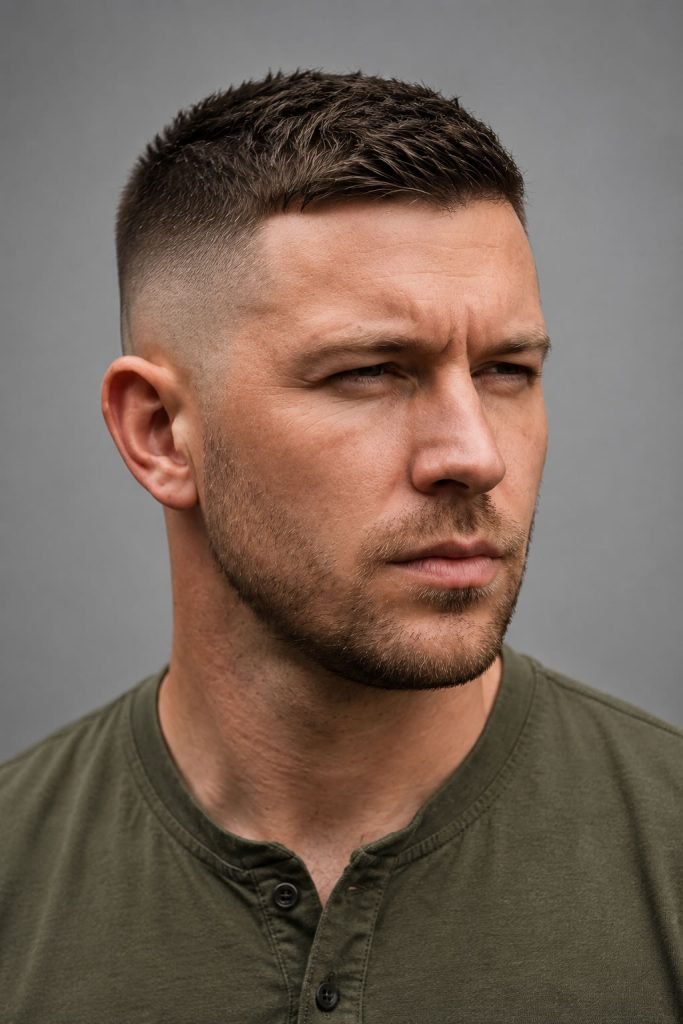 Crew cut with a low skin fade haircut for men featuring a clean modern finish