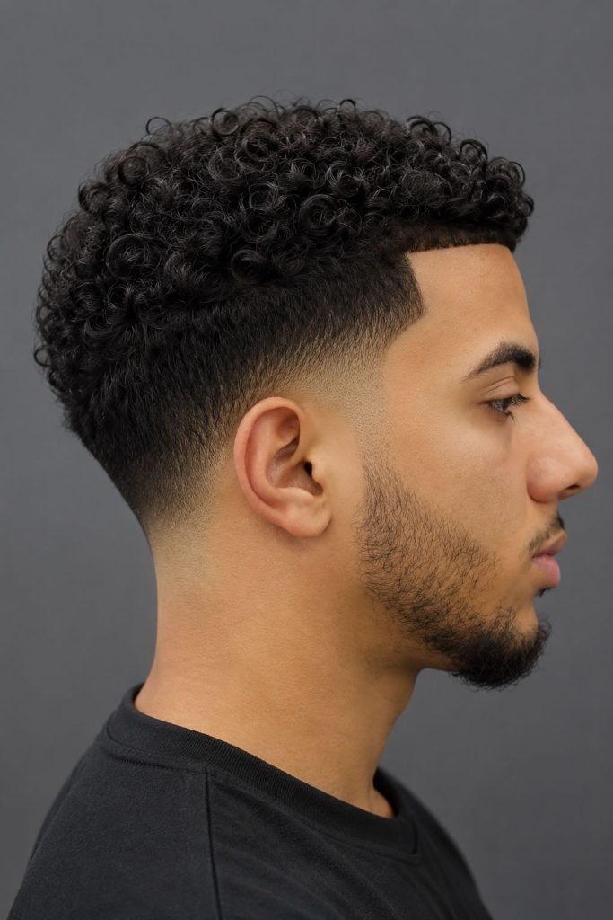 Curly low fade hairstyle for guys with defined natural curls and tapered sides