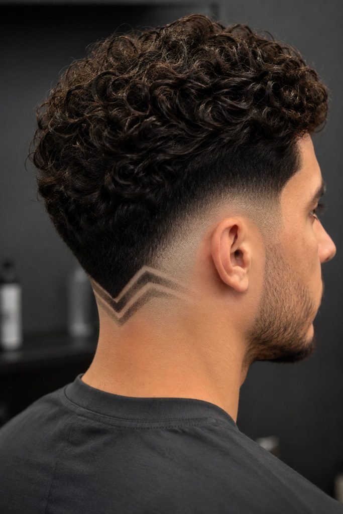 Curly low taper fade hairstyle with a shaved neckline design for men