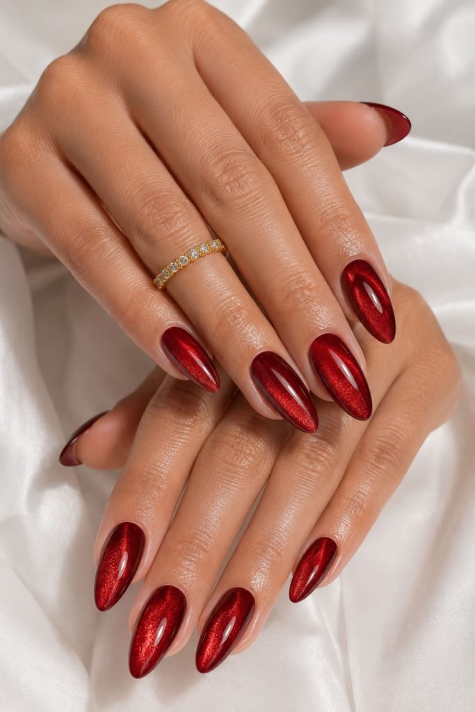 Dimensional red nails with shimmering magnetic cat eye effect
