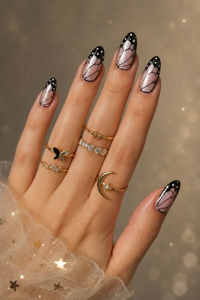 Fairycore black nail designs with shimmering wing-inspired nail art and magical details