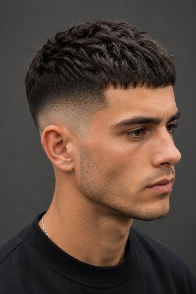 French crop with a low fade hairstyle for men featuring a blunt textured fringe