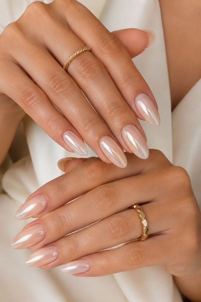 Glazed nude almond nail featuring a pearly chrome finish and natural manicure