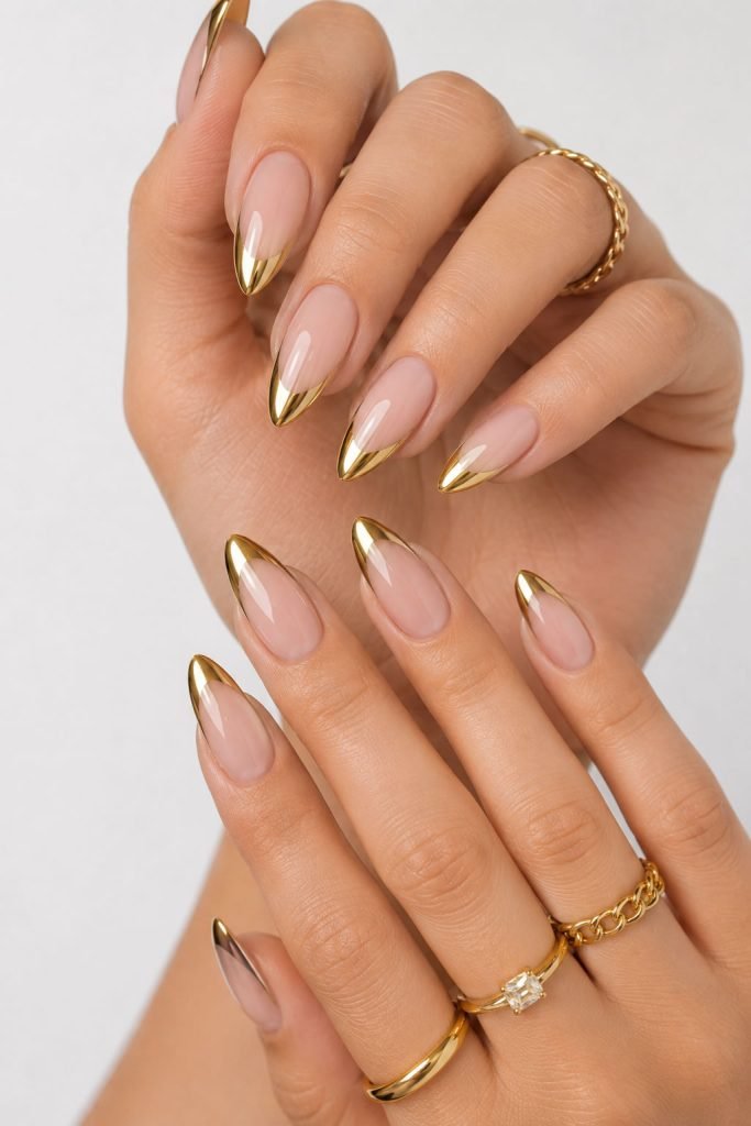 Gold chrome almond French manicure with metallic tips on nude nails