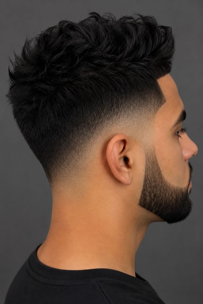 High top low fade haircut for guys with textured hair and shaved sides