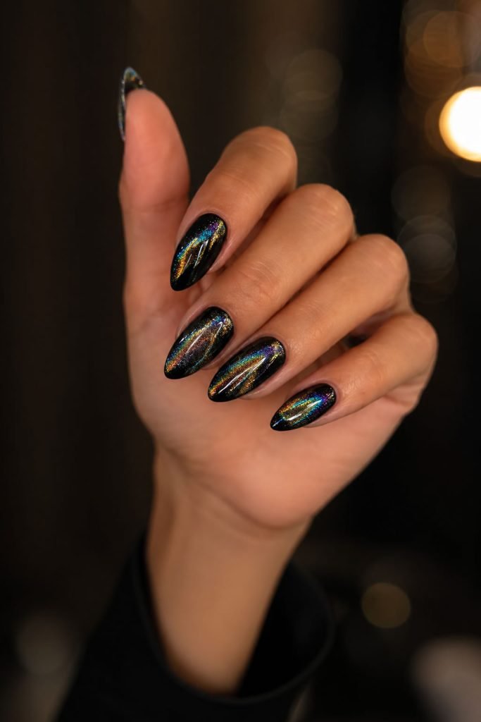 Holographic shimmer black nails featuring a magnetic cat-eye effect with colorful reflective sparkle