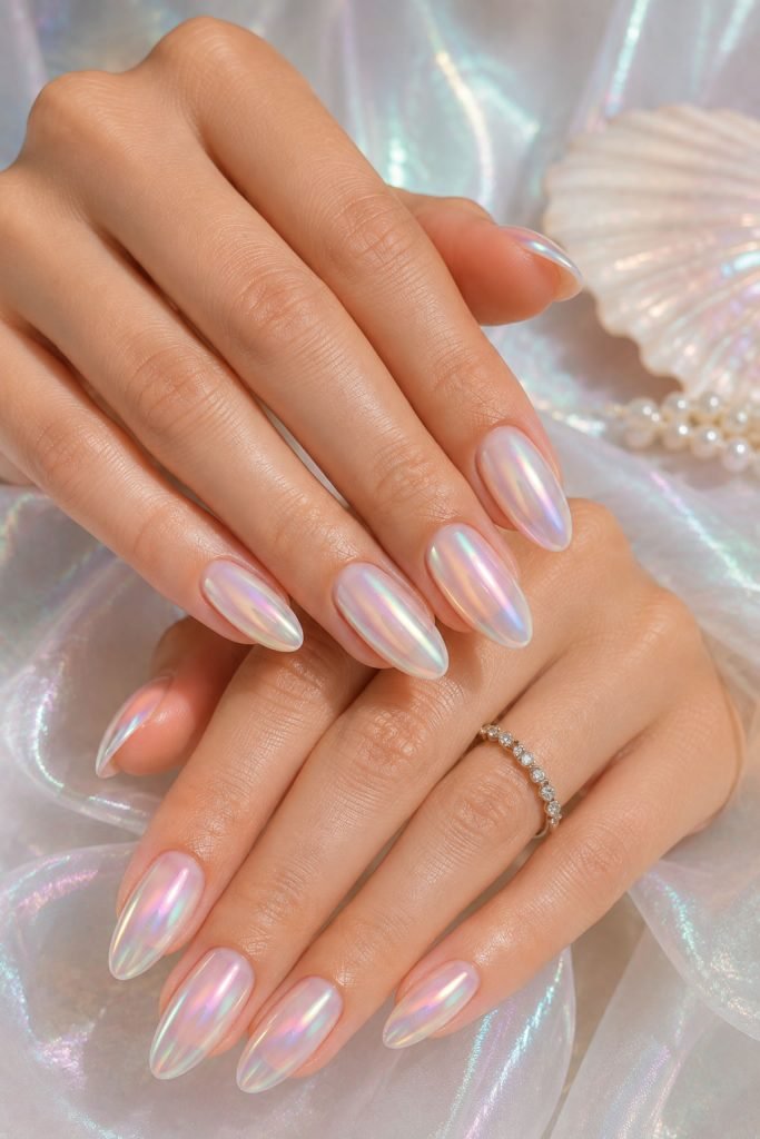 Iridescent almond manicure with pearlescent rainbow shimmer and glossy finish