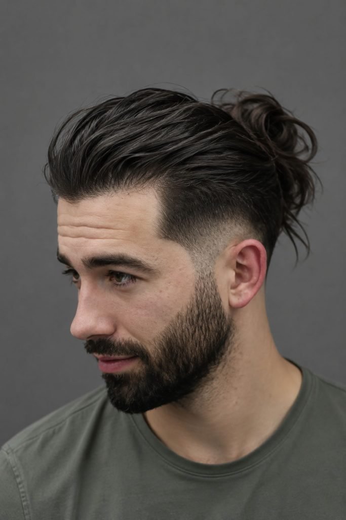 Low burst fade for long hair featuring long textured hair and clean faded sides
