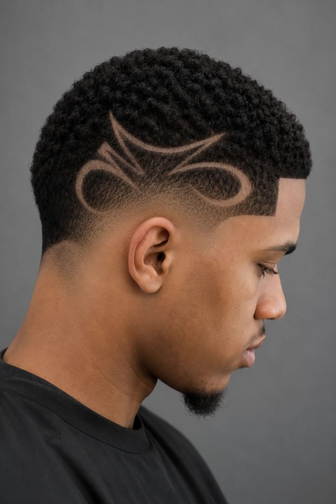 Low burst fade haircut with a creative temple design and sharp fade blend