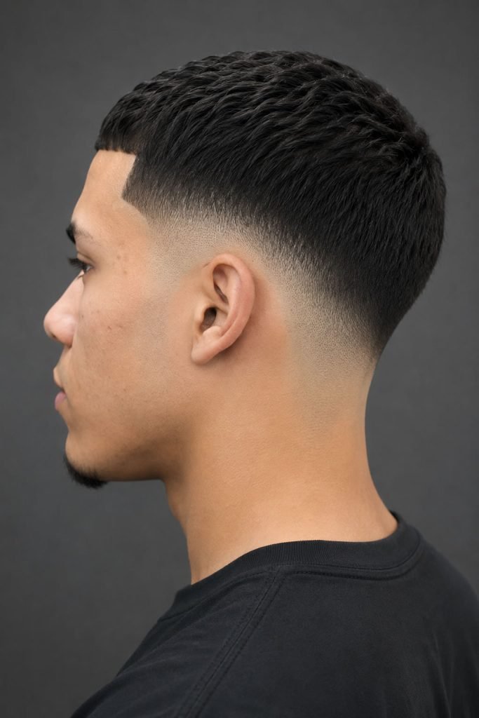 Low drop fade haircut for men with a sharp curved fade and textured top
