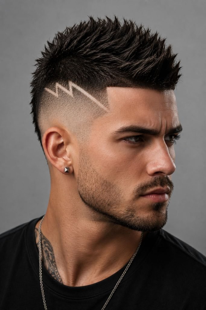 Low fade faux hawk hairstyle with a zigzag shaved part for modern guys