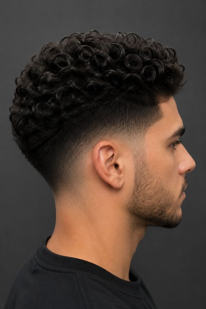 Low fade haircut for curly hair with defined curls and clean tapered sides