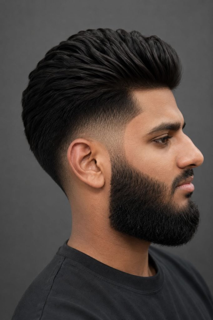 Low fade hairstyle for thick hair with natural volume and clean tapered sides