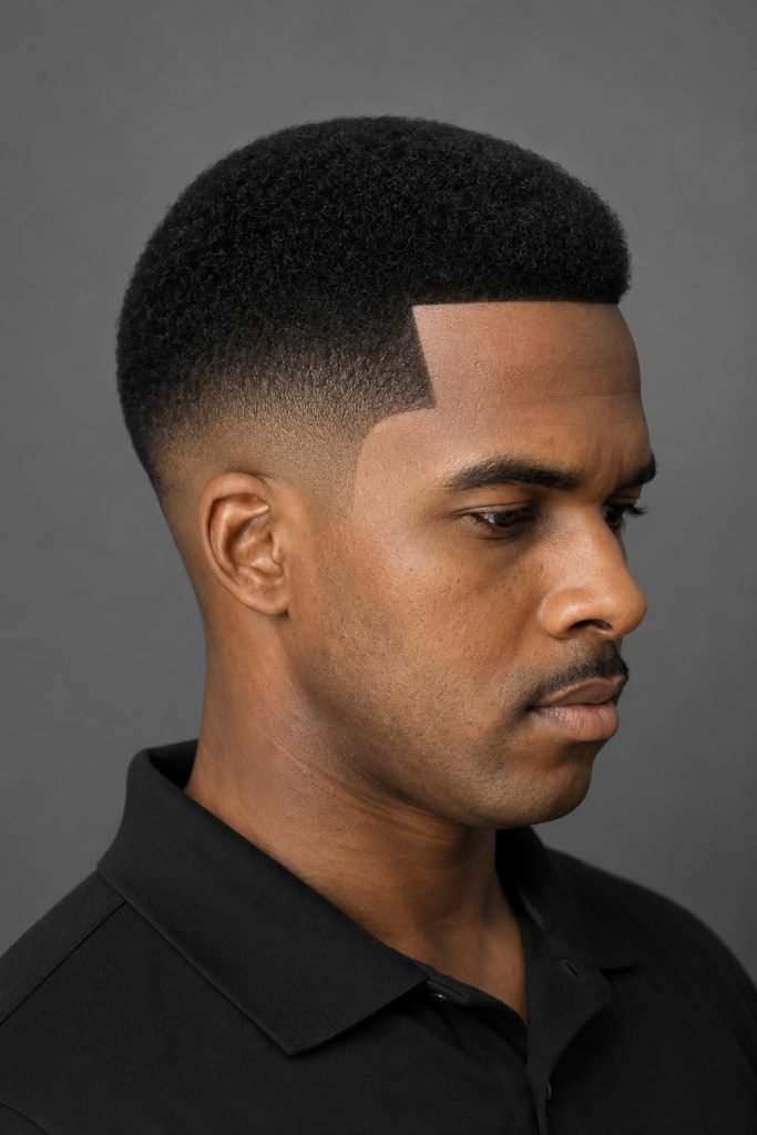 Low line-up fade haircut for men with sharp edges and a clean geometric hairline