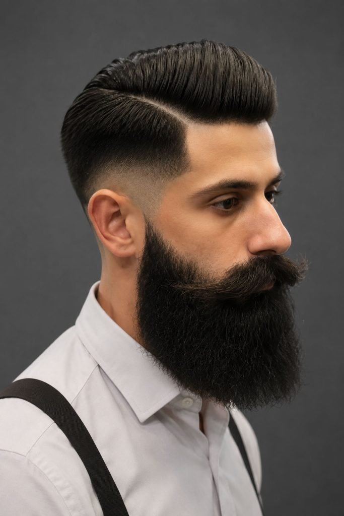 Low temple fade with a full beard for guys creating a sharp masculine hairstyle