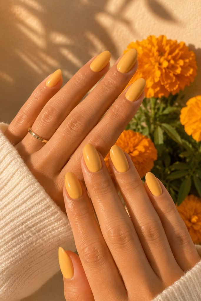 Marigold summer nails with warm yellow nail colors and glossy finish