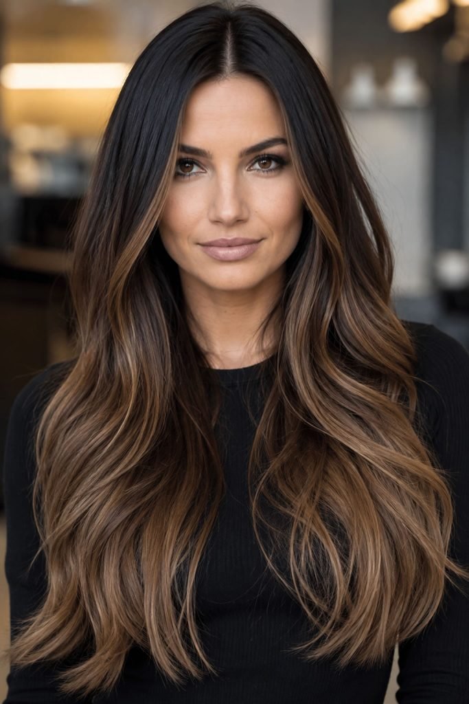 Meltdown hair color melting from dark roots into caramel ends