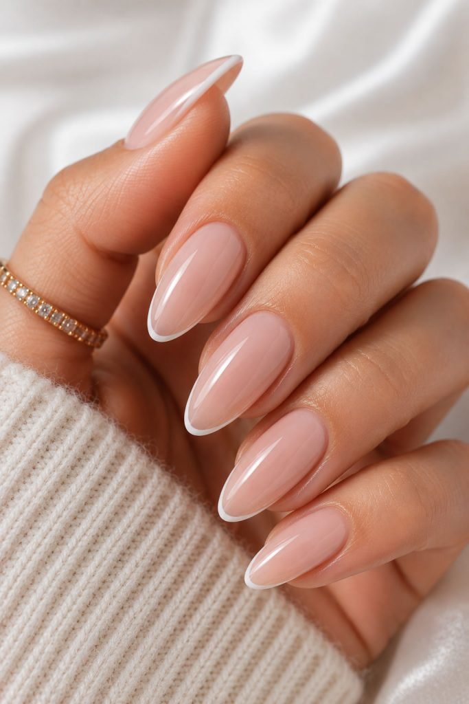 Micro French tip almond nails with ultra-thin white French manicure design