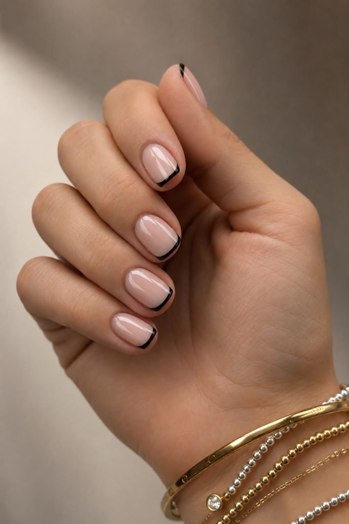 Minimalist short black nails with ultra-thin micro French tips for a clean modern manicure