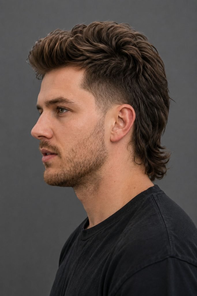 Modern mullet with a low fade hairstyle featuring textured layers and a longer back