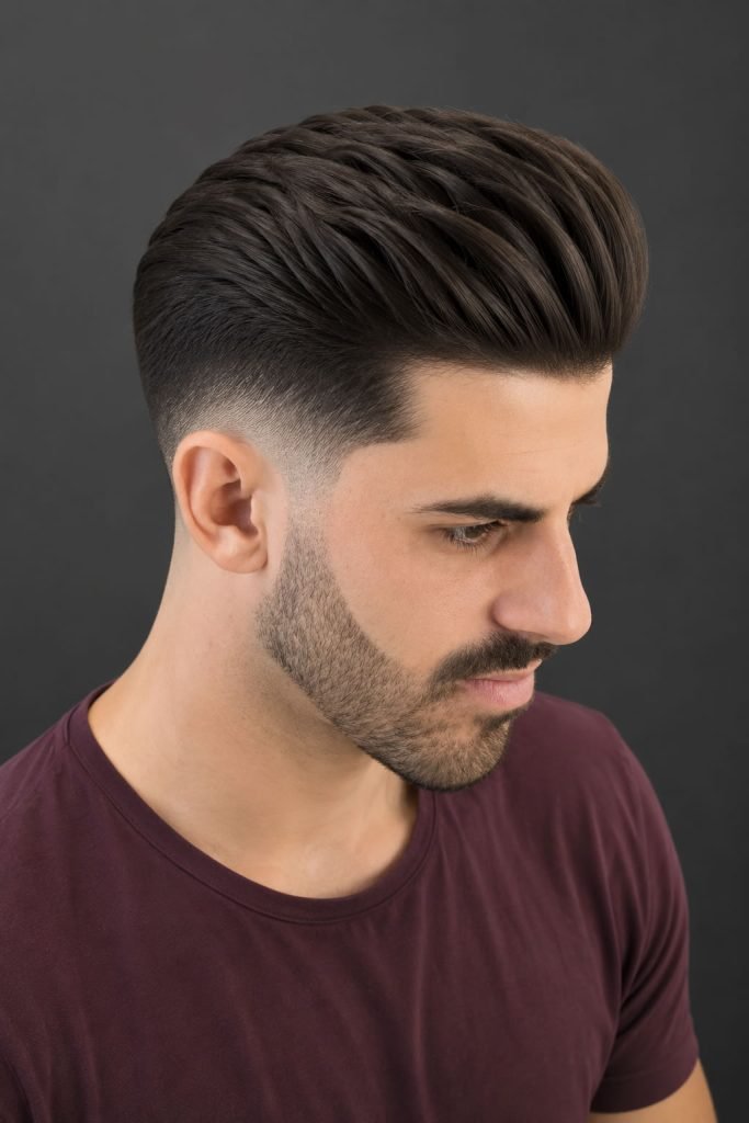 Modern pompadour with a low fade haircut for men featuring brushed-back volume