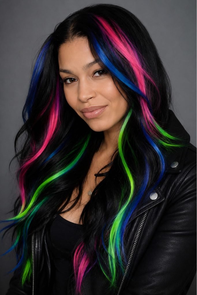 Neon lights hair color streaks on dark hair