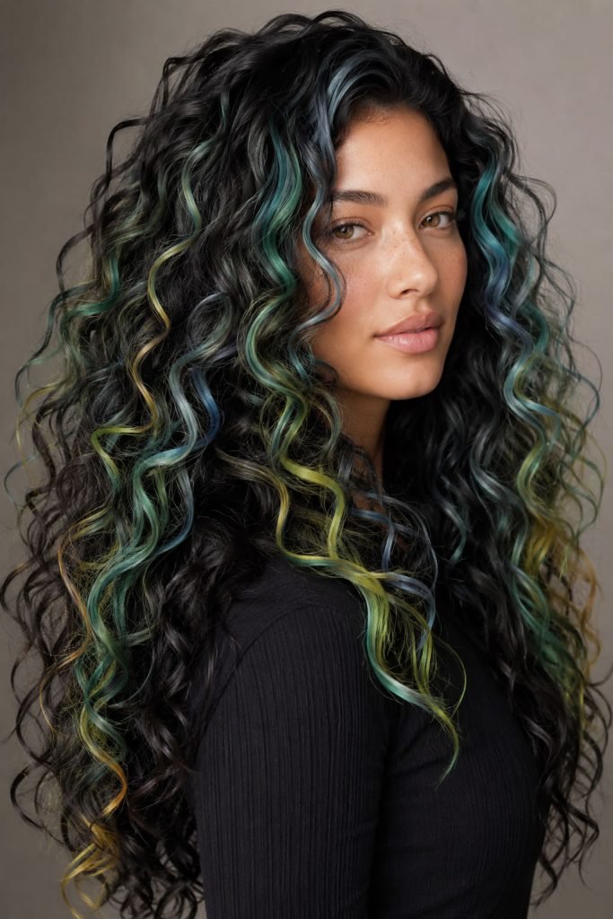 Northern highlights hair color with jade, blue, and yellow streaks