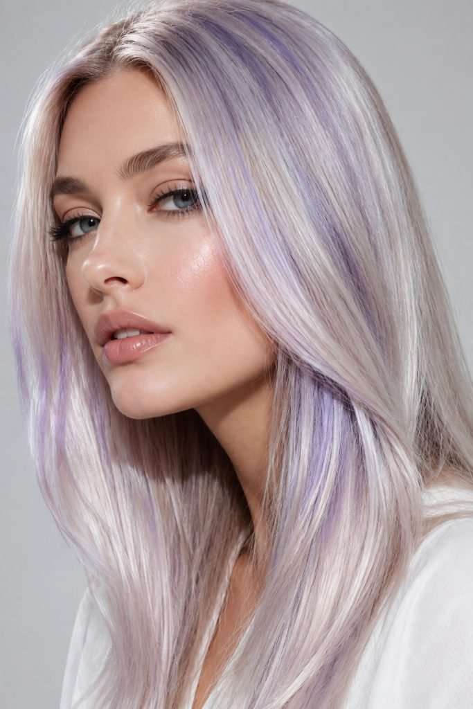 Ocean pearl hair color with platinum blonde and lavender-silver shimmer