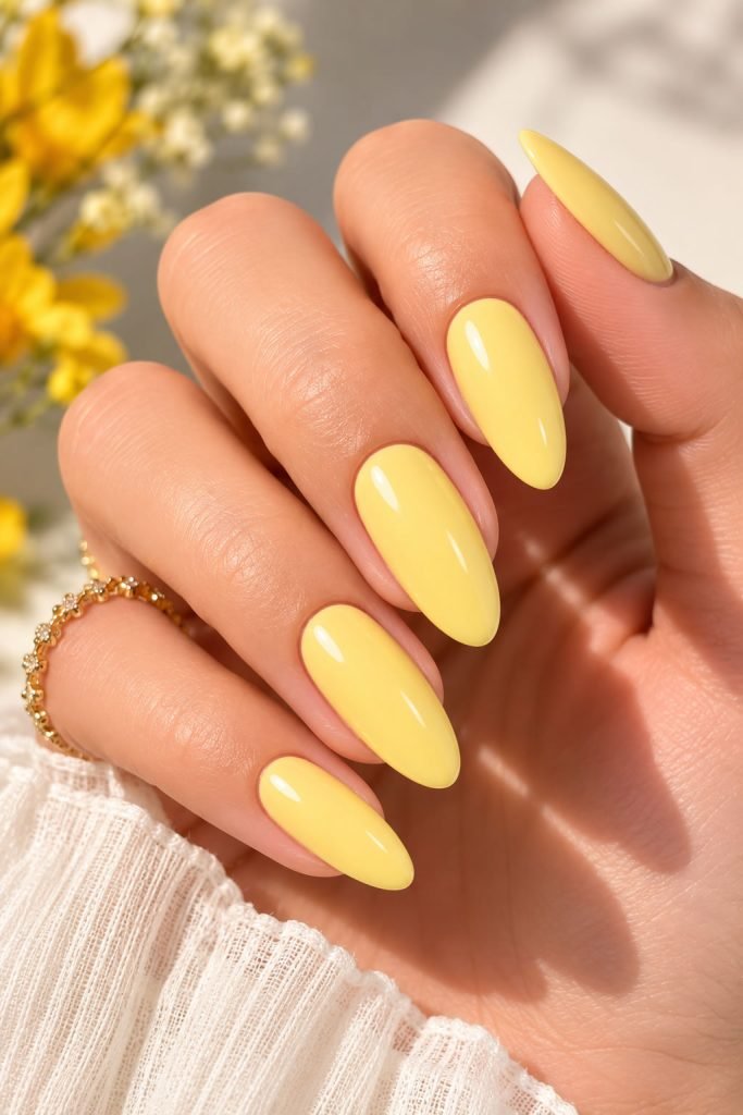 Pastel yellow summer nails featuring cheerful seasonal nail colors