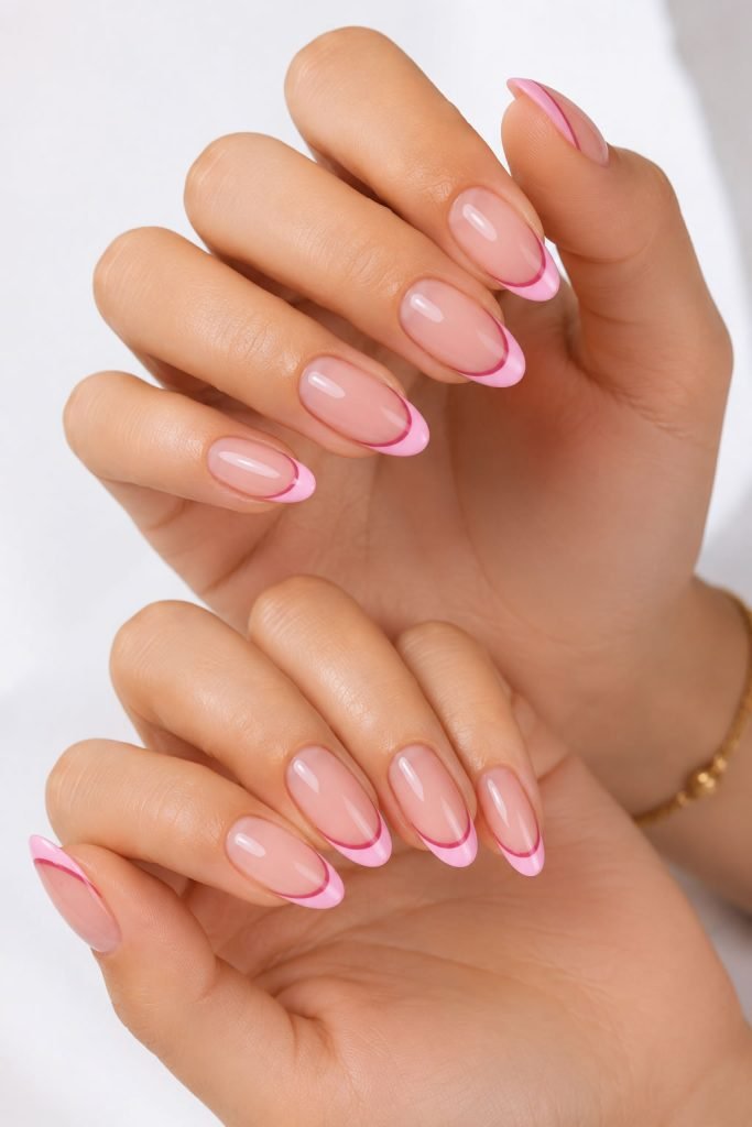 Pink almond French manicure with soft pink tips and modern French nail design