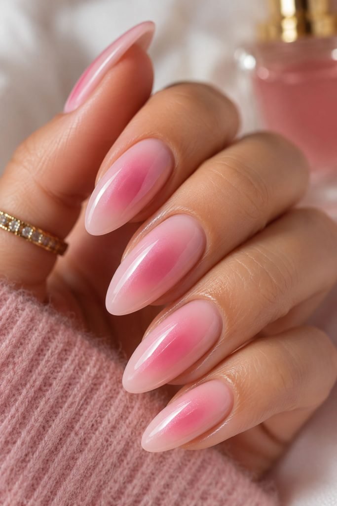 Pink aura almond manicure with glowing ombre effect on almond-shaped nails
