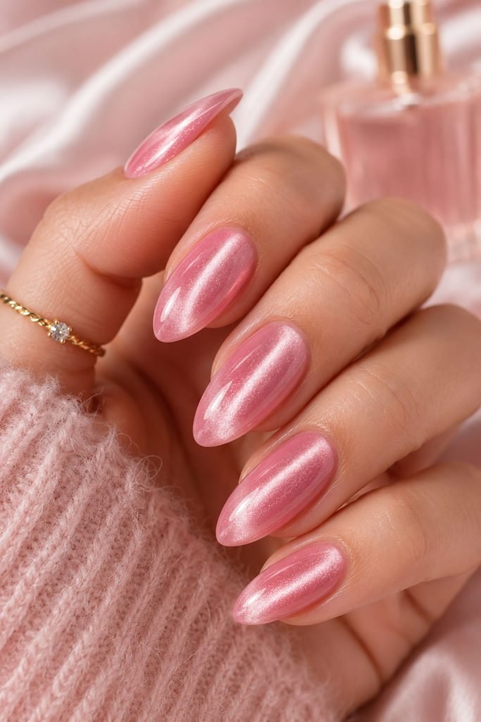 Pink cat eye nails with magnetic velvet shimmer and glossy finish
