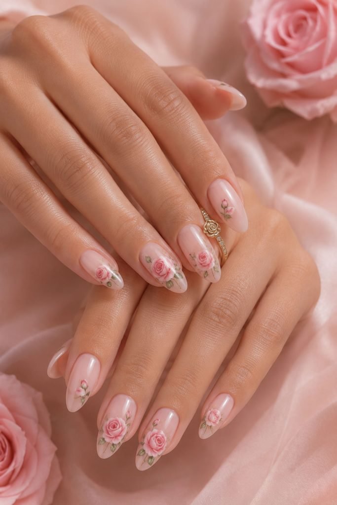 Pink rose almond nail art featuring delicate floral decals on light pink nails
