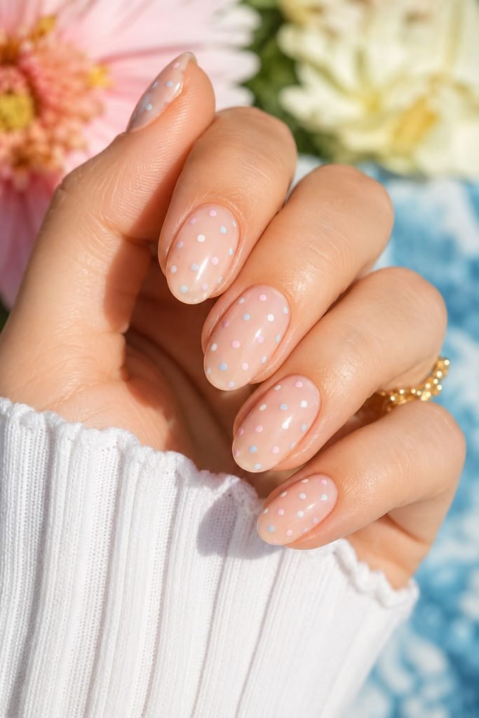 Polka dot summer nails with playful pastel nail colors and glossy finish