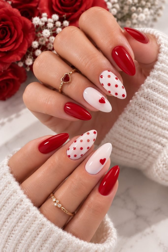 Red and white almond nail designs with playful polka dots and French tips