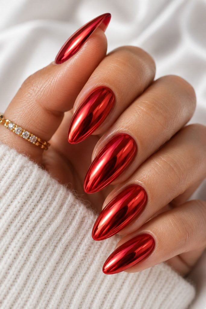 Red chrome almond manicure with mirror shine and bold metallic finish
