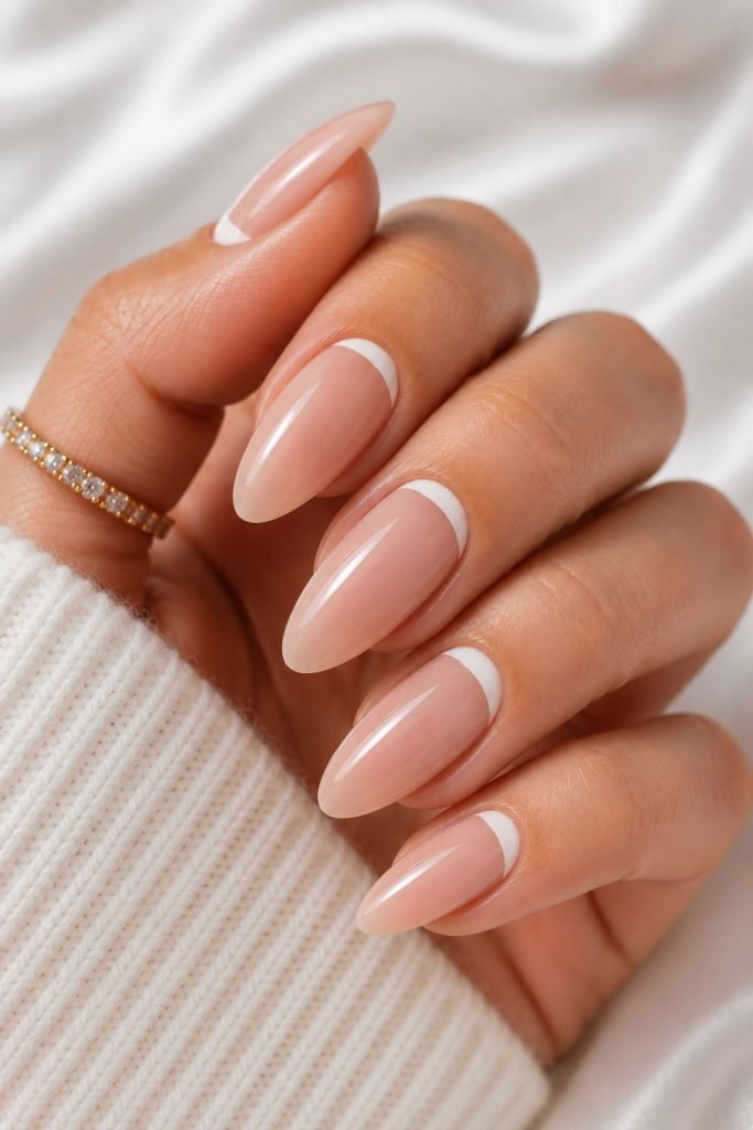 Reverse French nails featuring colorful half-moon cuticle design