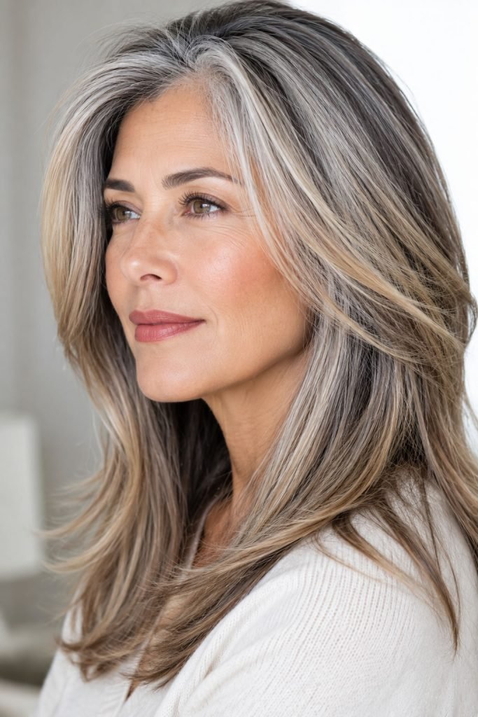 Salt and pepper hair color with blonde highlights for gray hair